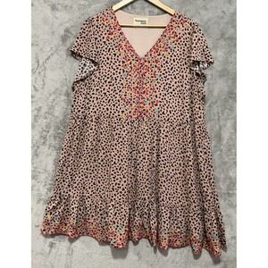 Savanna Jane Leopard Print Embroidered V-Neck Tunic Mini Dress Plus Size 2X
